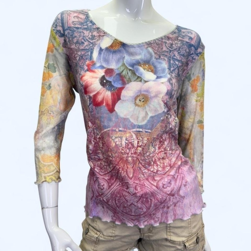 Yukiko, sheer mesh‎ sleeve fairy top, 90s top, spring top, lettuce hem, euro top